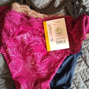 New 3 Pack Large.Women's Lace Thong - Fuchsia and Tan